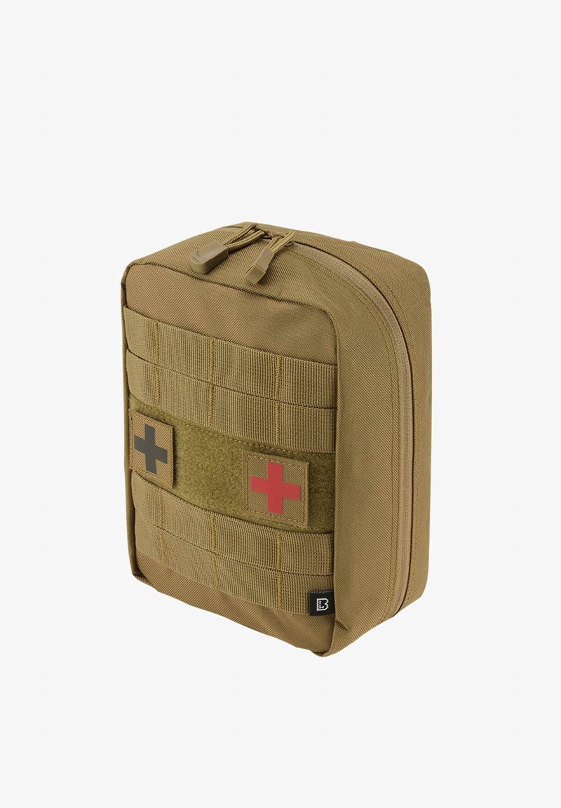 Bolsillo médico hecho de un tejido duradero, con parches de cruz roja y negra, webbing molle en la parte frontal y cierre de doble cremallera.