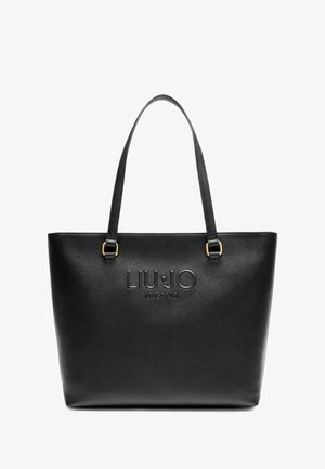 Sac fourre-tout noir texturé avec deux anses. L'avant présente un logo en relief "LIU•JO MILANO" et des accents en métal doré.