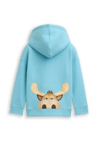 Lichtblauwe hoodie van katoen met een cartoon-moose gezicht op de achterkant. Beschikt over een grote capuchon en ribgebreide manchetten.