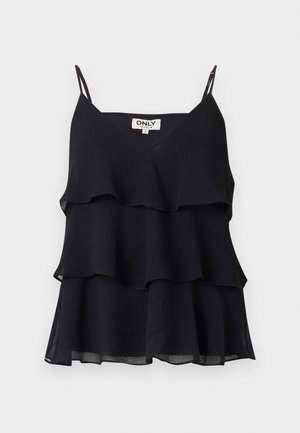 Top noir sans manches superposé avec fines bretelles et une étiquette "ONLY" sur un fond uni.
