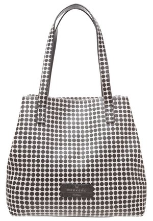 Black and white polka dot tote bag made of smooth synthetic material. Features two handles and a tag that reads "WEEKEND" on a textured background.