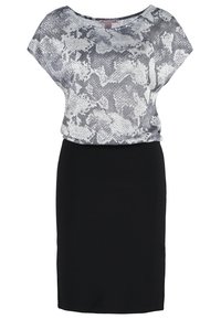 Short-sleeve dress featuring a gray snake print top and a fitted black skirt. Smooth texture, round neck design, and knee-length cut.