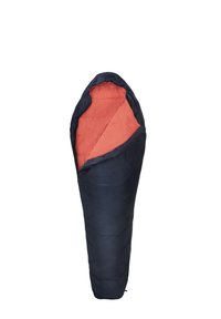 Sac de couchage en style momie avec un extérieur bleu marine et un intérieur orange, ouvert et étalé sur un fond blanc.