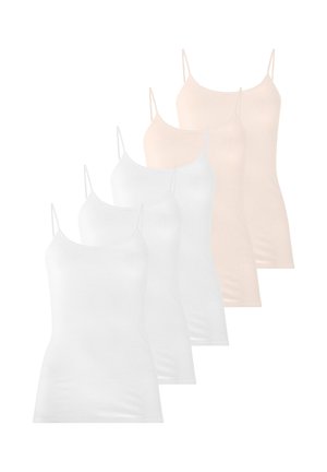 Cinque top da donna bianchi e beige con sottili spalline spaghetti, disposti in fila sfalsata.
