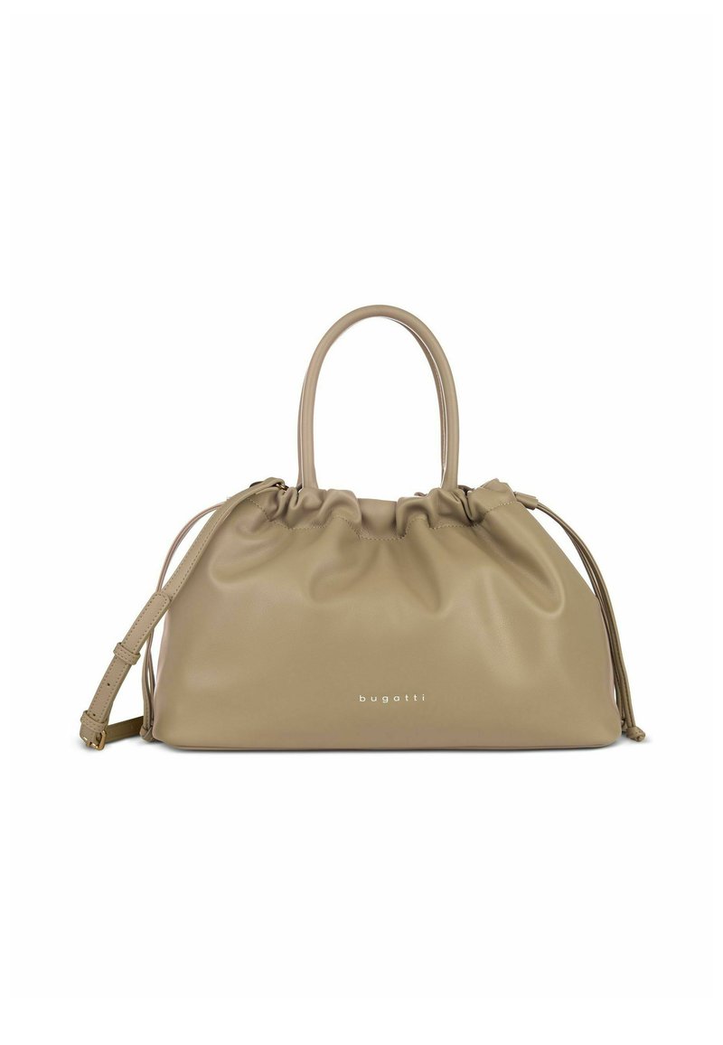Borsa in pelle beige con design arricciato, doppi manici e tracolla regolabile. Presenta dettagli del logo sulla parte anteriore.