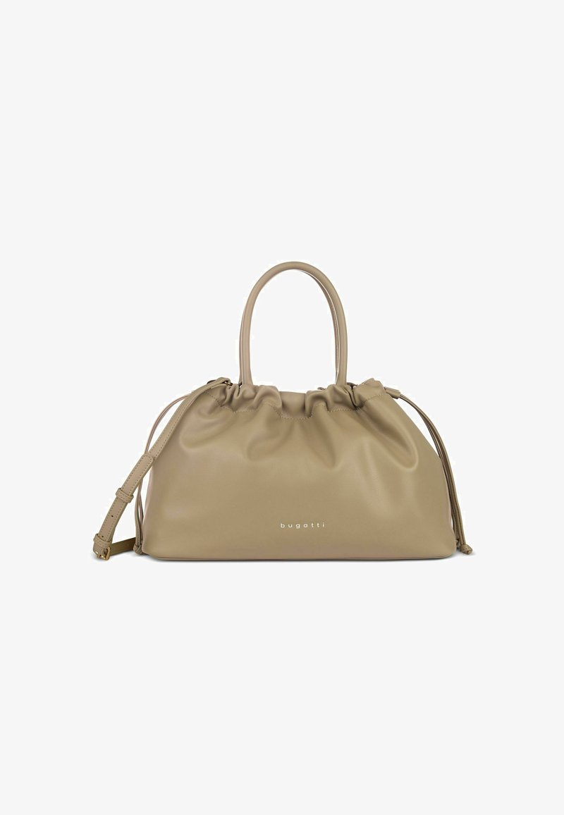 Borsa in pelle beige con design arricciato, doppi manici e tracolla regolabile. Presenta dettagli del logo sulla parte anteriore.