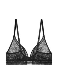 Bralette triangle en dentelle noire avec des sangles réglables, un motif floral, des bords festonnés et une large bande en dentelle sous les bonnets.