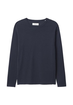 Navy long-sleeve shirt made of soft fabric, crew neck design, with straight hem and visible stitching details along the shoulders.