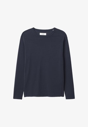 Navy long-sleeve shirt made of soft fabric, crew neck design, with straight hem and visible stitching details along the shoulders.