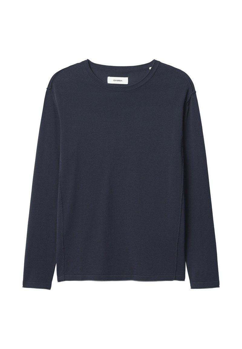 Námořnická modrá košile s dlouhými rukávy vyrobená z měkké tkaniny, s kulatým výstřihem, rovnými lemy a viditelnými švy podél ramen.