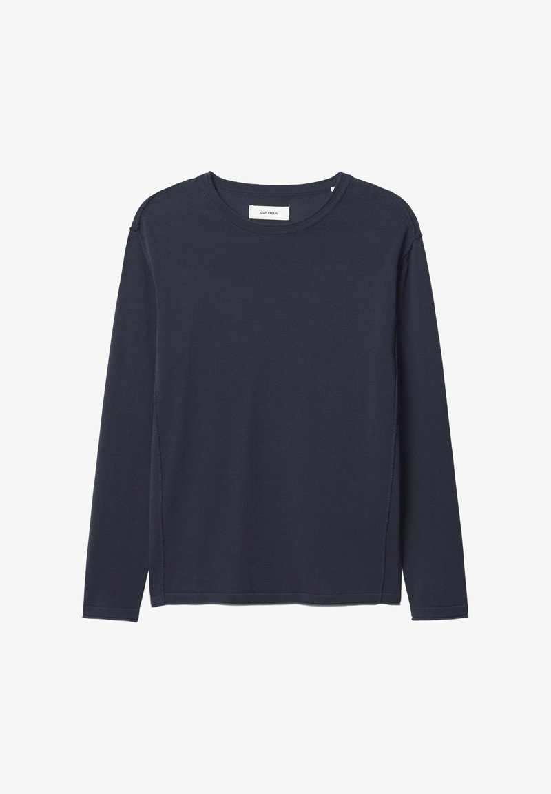 Námořnická modrá košile s dlouhými rukávy vyrobená z měkké tkaniny, s kulatým výstřihem, rovnými lemy a viditelnými švy podél ramen.