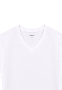T-shirt bianco con scollo a V realizzato in tessuto morbido e leggero. Presenta un collo pulito e maniche corte con un design minimalista.