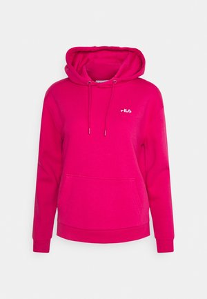 Sweat à capuche FILA rose vif avec poche avant, capuche réglable par cordon et poignets côtelés, présenté sur un fond blanc uni.