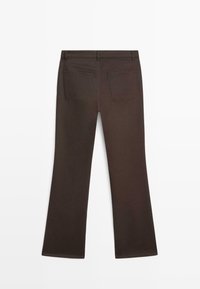 Dark brown straight-leg pants with belt loops and two back pockets, laid flat on a white background.
