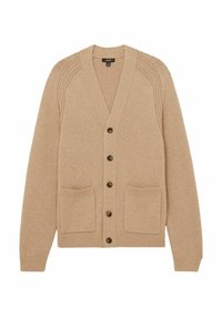 Beige kötött kardigán V-kivágással, gombos záródással, két elülső zsebbel és bordázott mandzsettákkal, amelyek textúrát és részletgazdagságot kölcsönöznek.