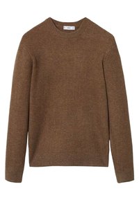 Maglione marrone a coste con maniche lunghe e scollatura rotonda. Presenta un tessuto strutturato per un comfort e un calore aggiuntivi.