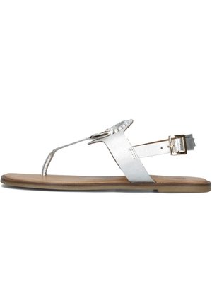 Zilveren faux leren teensandalen met gevlochten accent, flatbruine zool en verstelbare gesp. Lichtgewicht en minimalistisch ontwerp.