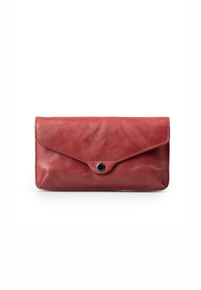 Red leather clutch with a textured surface, featuring an envelope design, a rounded flap, and a black snap closure at the center.