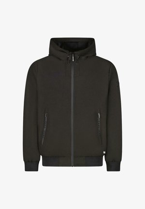Zwarte hoodie met ritssluiting, capuchon, elastische boorden bij de mouwen en zoom. Voorzien van twee zakken met ritssluiting en logo op de linkermouw. Zacht van textuur.