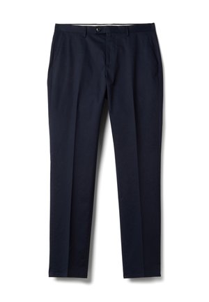 Pantaloni su misura blu navy con passanti per cintura, chiusura frontale con bottone e zip, e tasche laterali, mostrati su uno sfondo bianco.