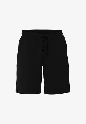 Shorts de sport noirs avec une taille élastique et un cordon de serrage. Présente un logo "Kemp" brodé sur le devant et des poches latérales.