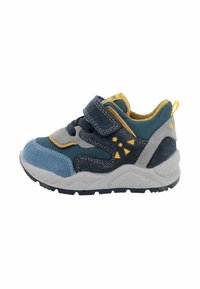 Sneaker per bambini in blu, grigio e giallo con cinturino in velcro, lacci e suola bianca texturizzata.