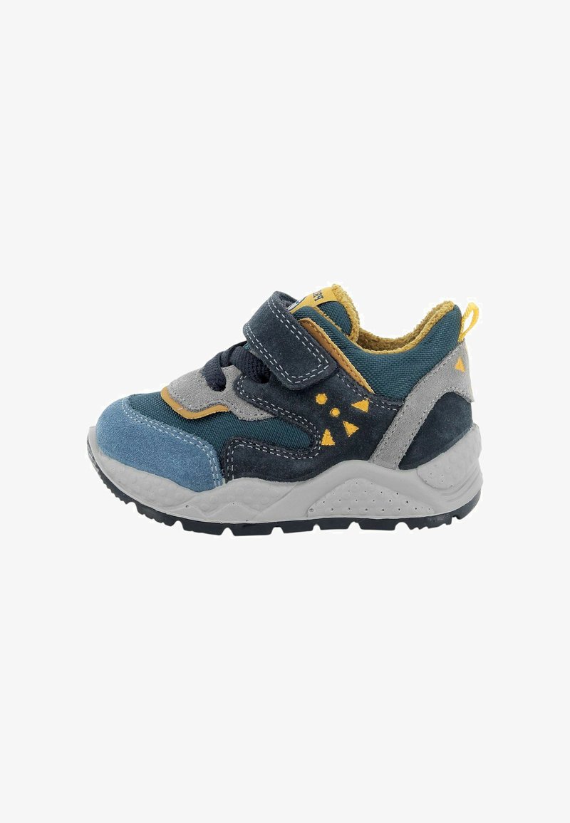 Sneaker per bambini in blu, grigio e giallo con cinturino in velcro, lacci e suola bianca texturizzata.
