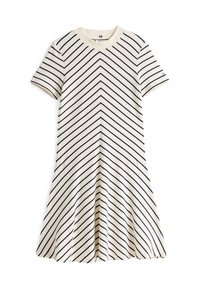 Krämfärgad klänning med korta ärmar, svarta diagonala ränder som bildar ett zick-zackmönster, rund halsringning och A-linjefald.