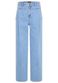Světle modré kalhoty s širokými nohavicemi vyrobené z denimu, s vysokým pasem, předními kapsami a zlatým knoflíkovým zapínáním.