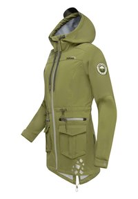 Veste imperméable vert olive avec capuche, plusieurs poches avant, fermetures éclair argentées et accents réfléchissants. Présente un design légèrement plus long à l'arrière.