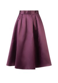 Una gonna a tutta lunghezza, fino al ginocchio, in satin viola scuro con pieghe, caratterizzata da una superficie liscia e una vita larga per il supporto.