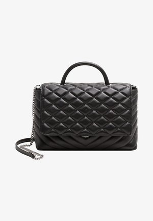Black quilted handbag with a structured shape, featuring a top handle and a detachable chain strap. Smooth leather with a sheen finish.