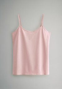 Šviesiai rožinė marškinėlių viršutinė dalis su plonomis reguliuojamomis petnešėlėmis, pagaminta iš glotnaus audinio. Paprastas dizainas su tiesia apatine dalimi ir be puošmenų.