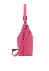 Borsa a spalla in pelle rosa con forma triangolare, tracolla regolabile e interno blu a contrasto. Tessuto liscio con dettagli delle cuciture.