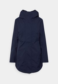 Veste imperméable bleu marine à capuche avec manches longues, fermeture zippée à l'avant recouverte d'une patte-tempête et ourlet incurvé.