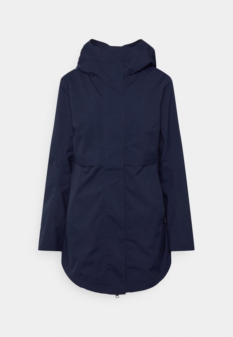 Veste imperméable bleu marine à capuche avec manches longues, fermeture zippée à l'avant recouverte d'une patte-tempête et ourlet incurvé.
