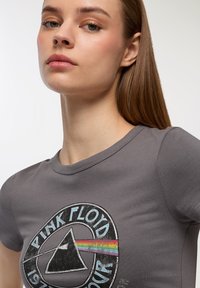 Maglietta in cotone grigia con scollo rotondo, maniche corte e una grafica in stile vintage dei Pink Floyd, con un prisma e un design arcobaleno.