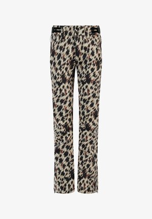 Pantaloni a stampa leopardata con una combinazione di colori beige, nero e marrone, design a gamba dritta e una vita con accessori in metallo nero.
