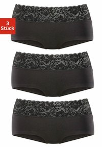 Set of three black boxer briefs with lace floral trim at the waistband. Soft fabric, smooth texture, and a comfortable fit.