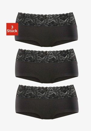 Set of three black boxer briefs with lace floral trim at the waistband. Soft fabric, smooth texture, and a comfortable fit.