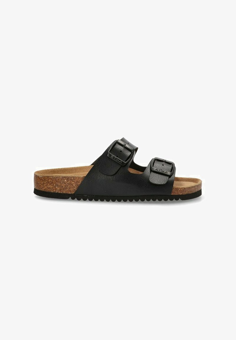 Sandalias de estilo Birkenstock en negro con dos correas ajustables con hebillas, planta de corcho y suela de goma texturizada.