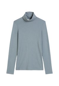 Hellblaues Langarm-Turtleneck-Shirt mit umgeschlagenem Kragen und einfacher, glatter Stofftextur auf weißem Hintergrund.