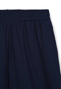 Navy blue, elastic waistband pants with a smooth texture and relaxed fit. No visible pockets or embellishments. Simple design.