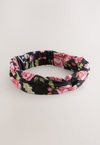 Schwarzes Stoff-Stirnband mit rosa, weißen und grünen Blumenmustern; geraffte Textur; rundes Design, geeignet für verschiedene Frisuren.