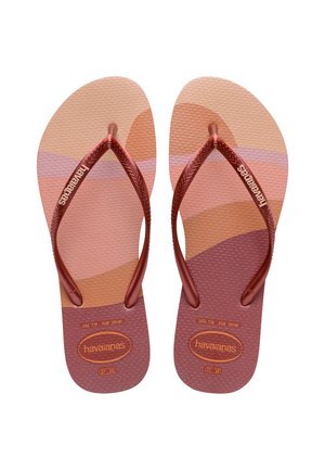 Pink and orange patterned flip-flops with a textured footbed. Red rubber thong straps and a Havaianas logo on each sole.