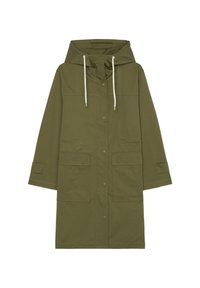 Olivgrön parkastil jacka i bomull med huva, framknäppning med tryckknappar, två stora fickor med lock och vita dragsnören.