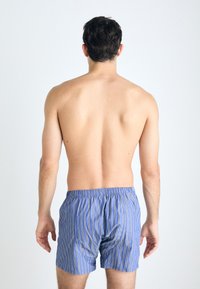 Blå bomullboxershorts med vertikale hvite striper; elastisk midje; modellen vist bakfra, iført ingen skjorte.