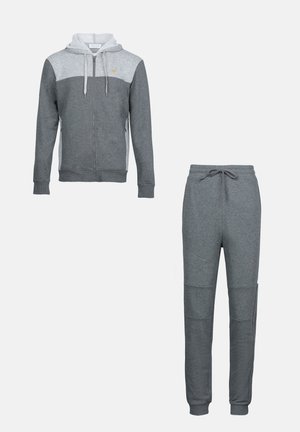 Gray zip-up hoodie with a light gray top panel and matching gray sweatpants. Both pieces feature ribbed cuffs and pockets.