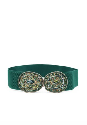 Cintura verde con perline, dotata di un elastico testurizzato, con decorazioni a forma ovale di perline multicolori applicate frontalmente.