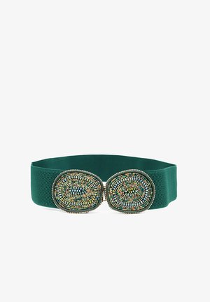 Cintura verde con perline, dotata di un elastico testurizzato, con decorazioni a forma ovale di perline multicolori applicate frontalmente.